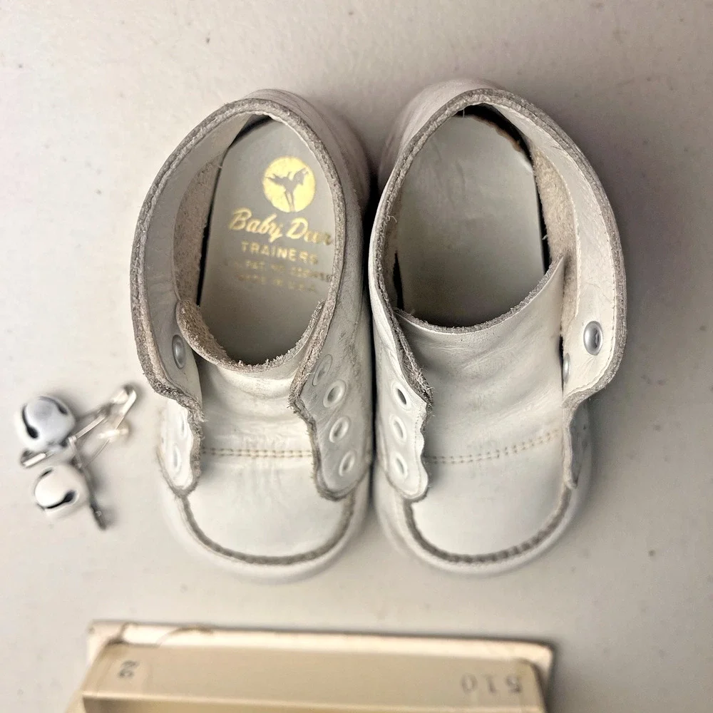 Vintage 1950's Baby Deer Trainer Shoes White Leather Original Box & Pin Bells